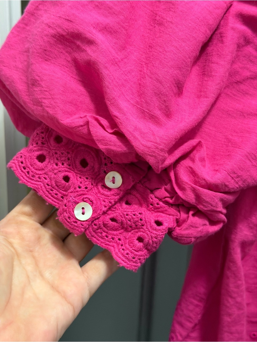 House of Harlow 1960 Eyelet Embroidered Top Blouse Puff Sleeve Size Small Pink - Picture 5 of 10